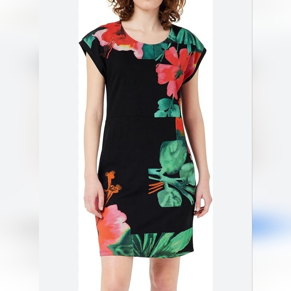 Desigual Dress Women Medium Black Multi-Color Floral Short-Sleeve Crew Neck Mini - Picture 1 of 5